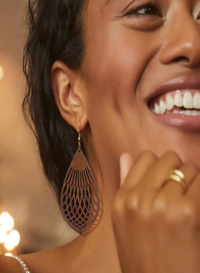 Wovanoo Wood Earrings for Women Natural Wooden Teardrop Drop Dangle Earring Small Flower Brown - Image 3